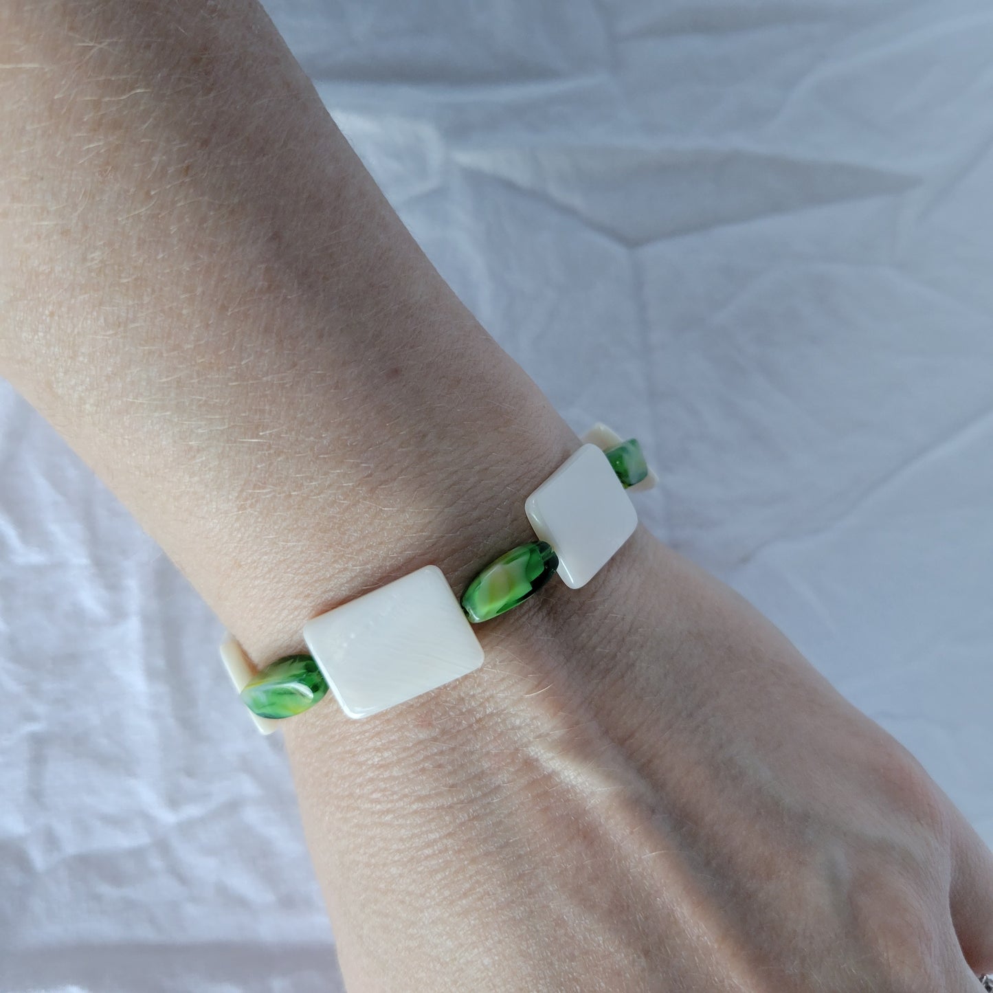 White Shell and Green Beaded Bracelet