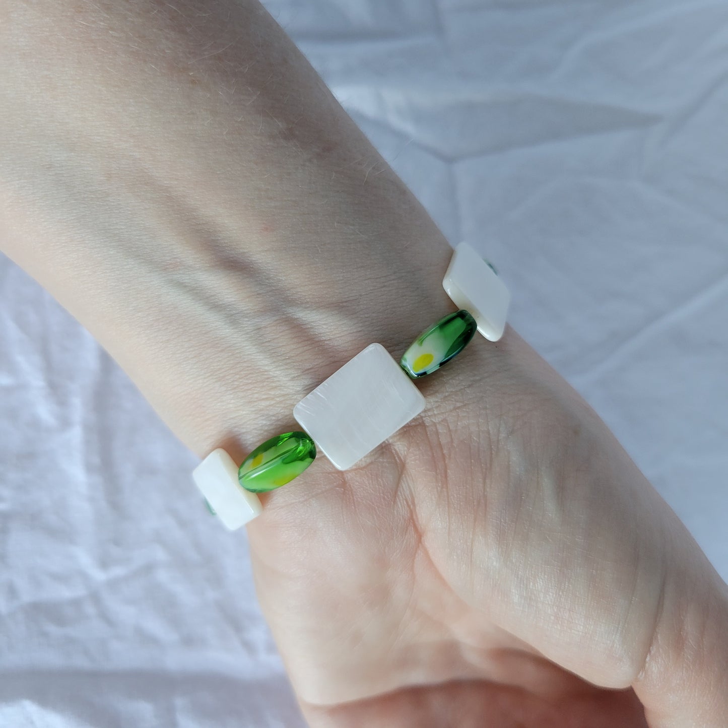 White Shell and Green Beaded Bracelet