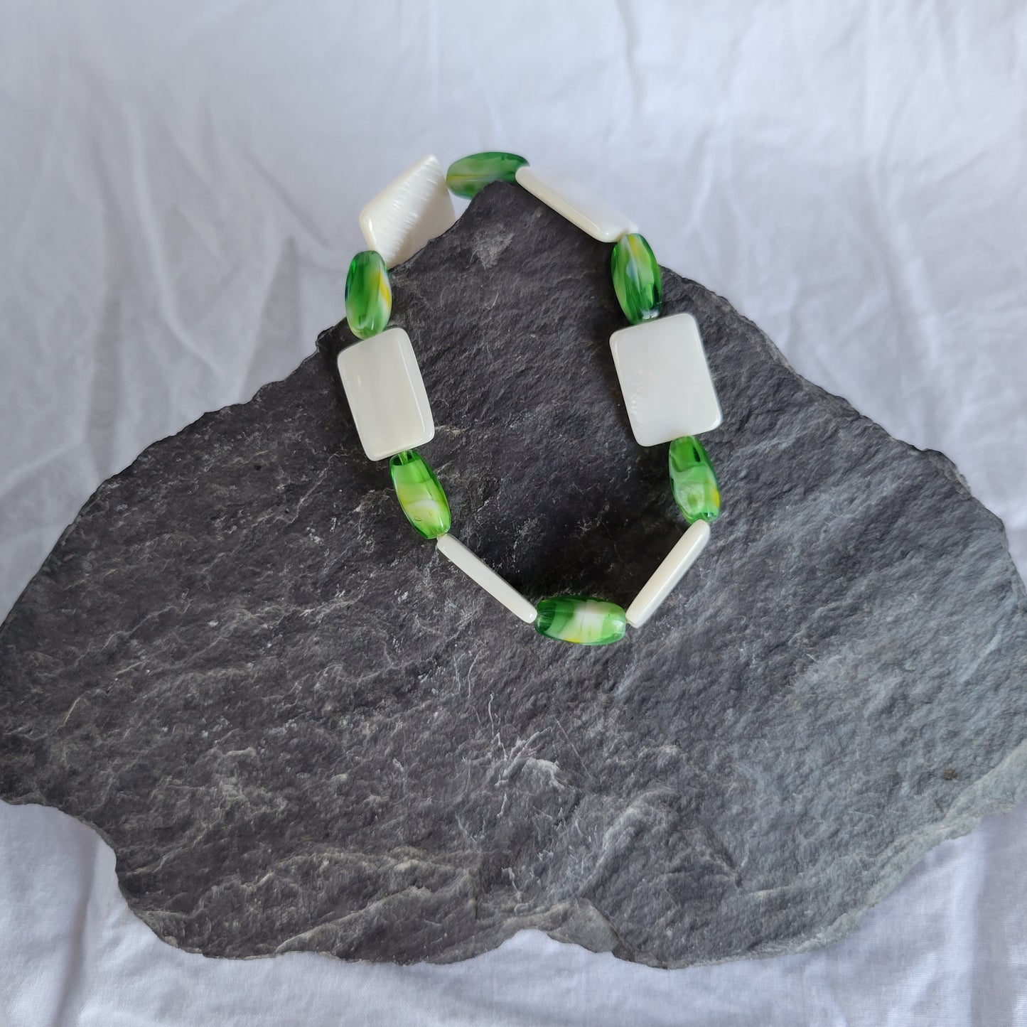 White Shell and Green Beaded Bracelet