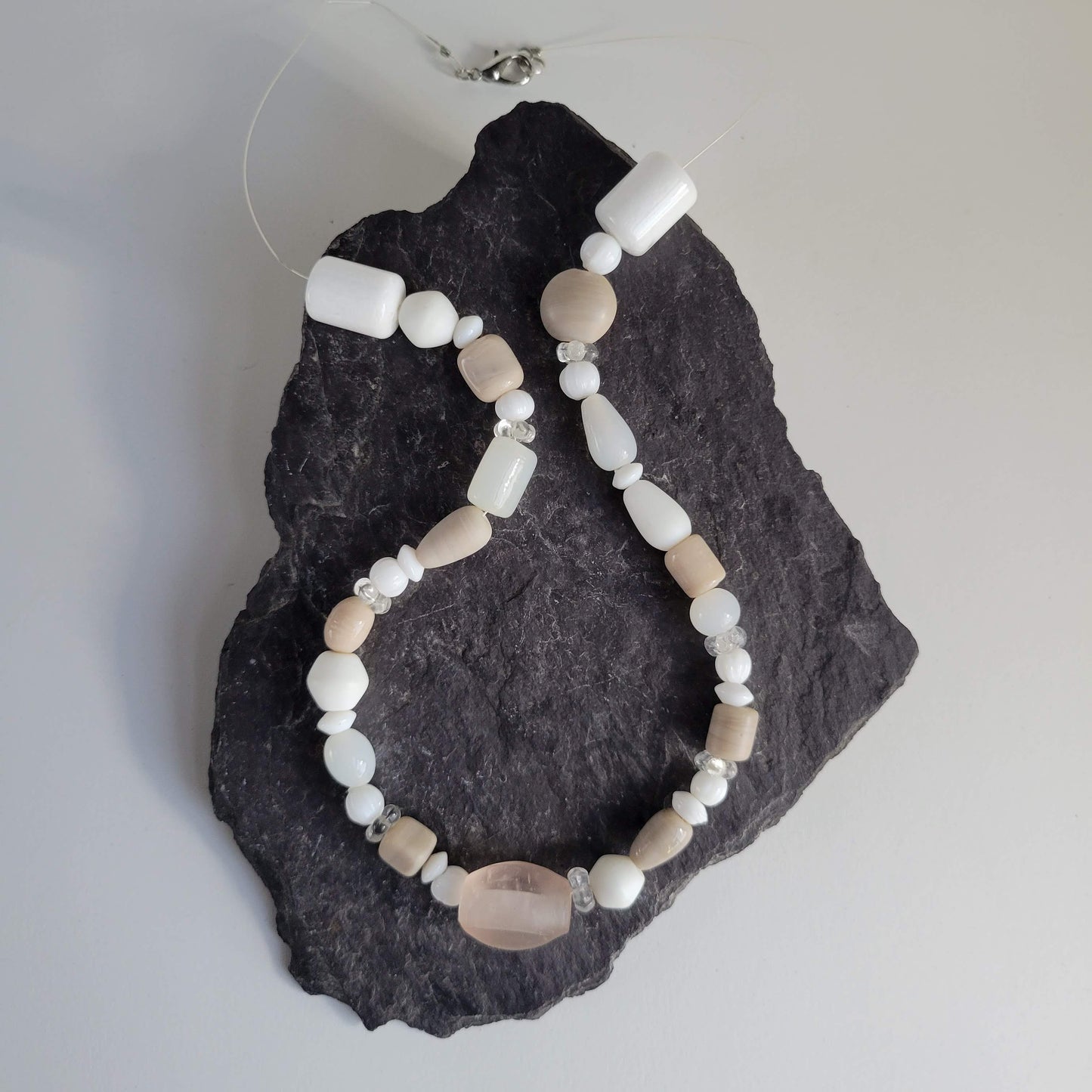 Exposed Wire Marshmallow and Bluff Beaded Necklace