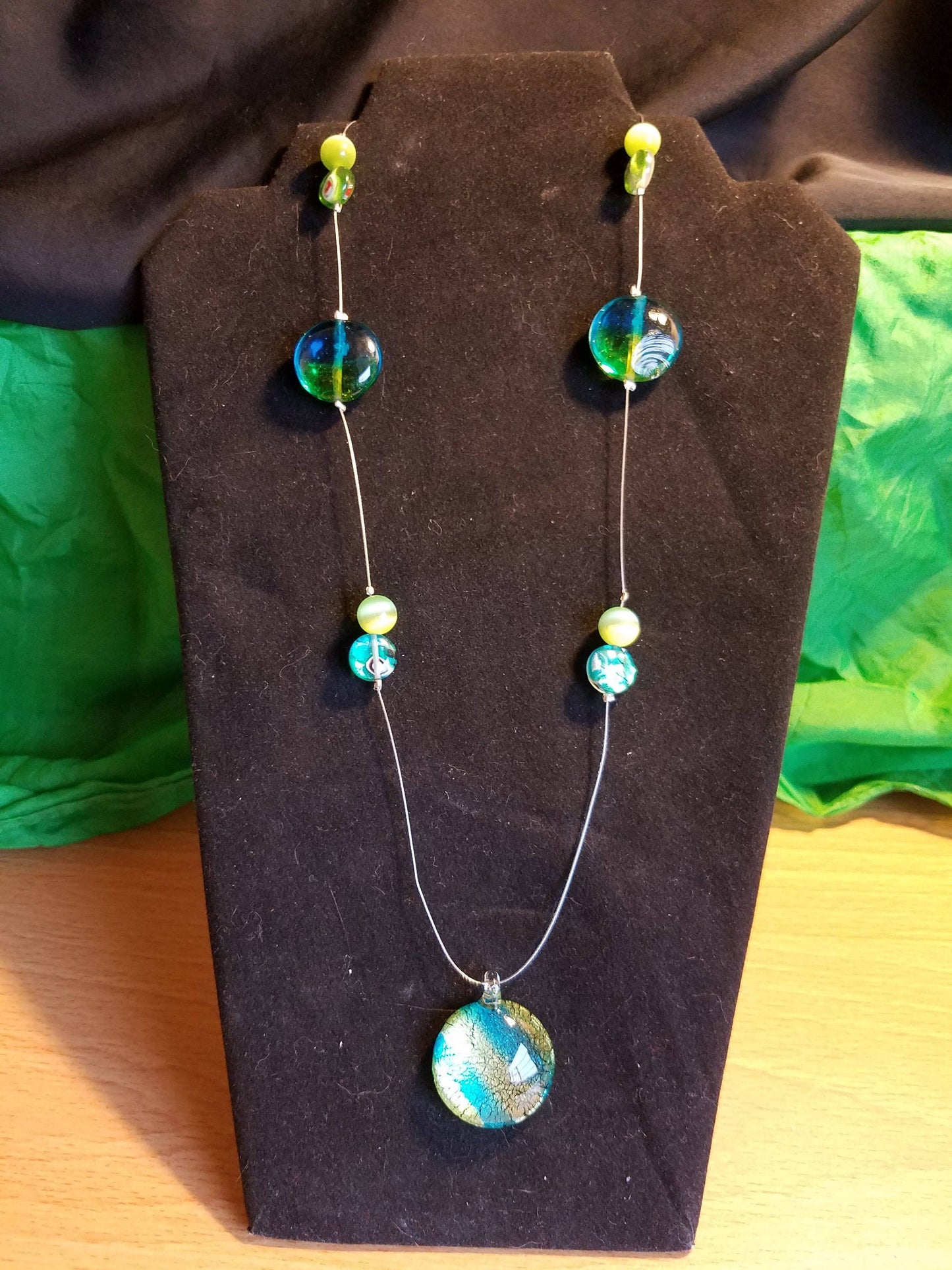 Teal and lime glass beaded necklace