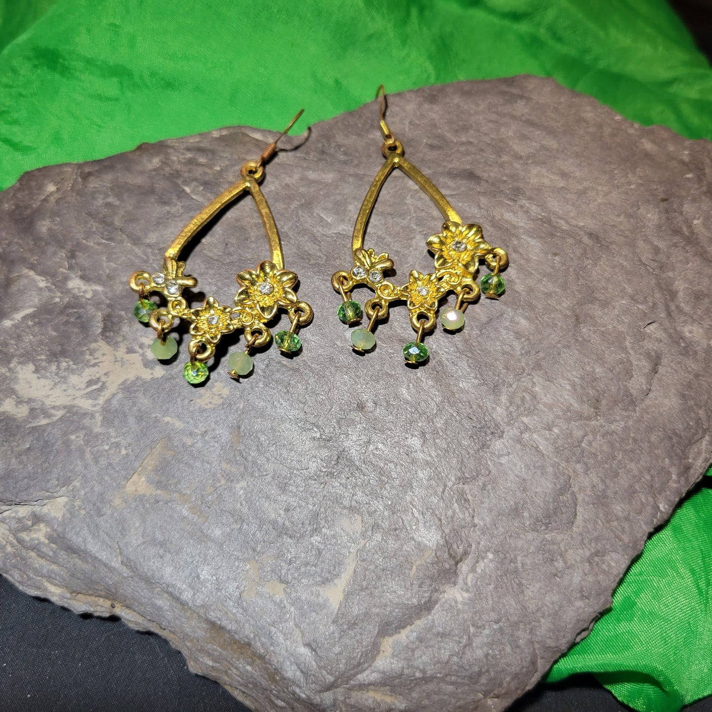 Gold Teardrop with Flowers Earrings