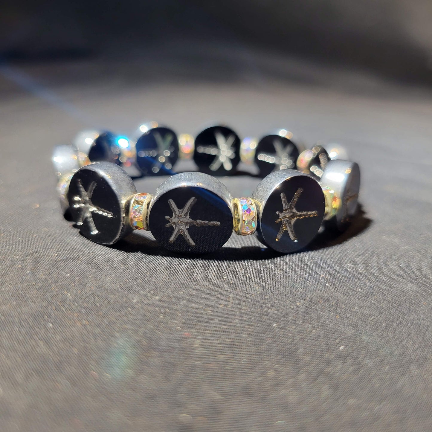 Silver and Black Dragonfly Beaded Bracelet