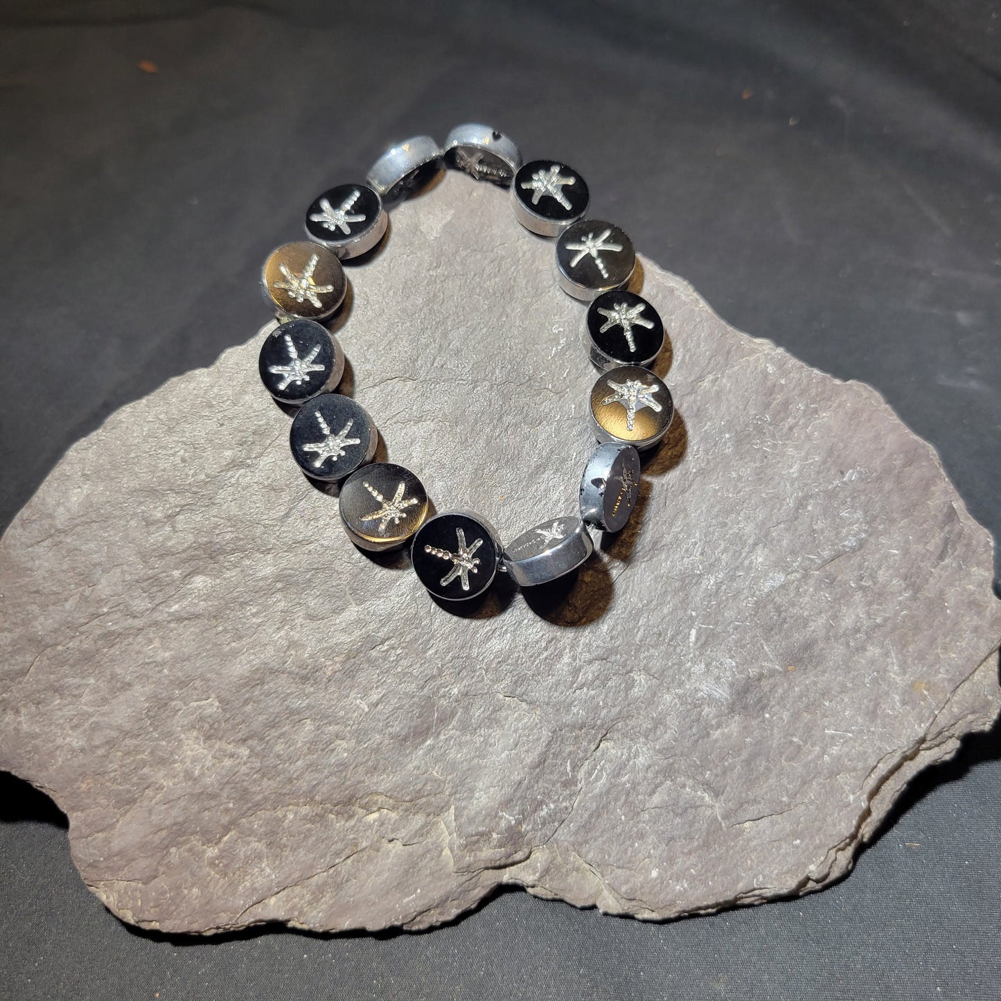 Silver and Black Dragonfly Beaded Bracelet