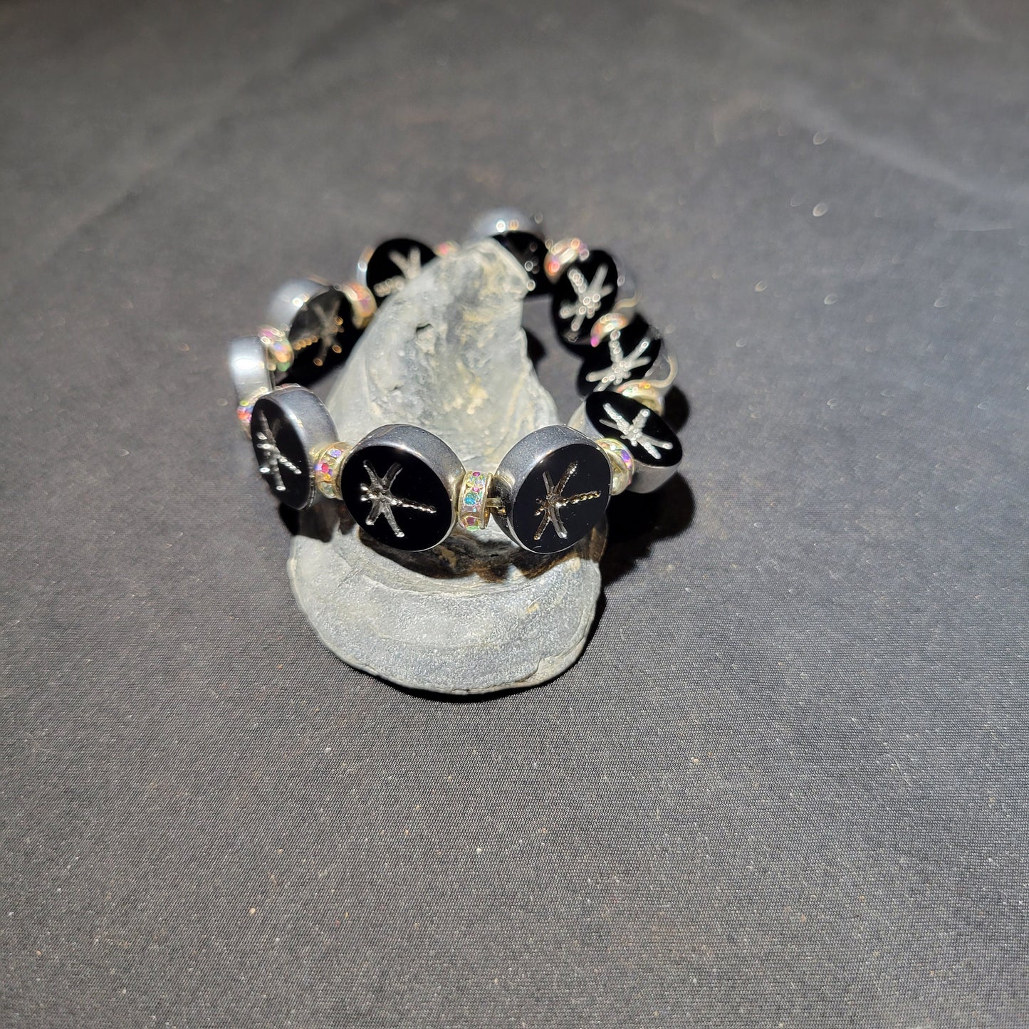 Silver and Black Dragonfly Beaded Bracelet