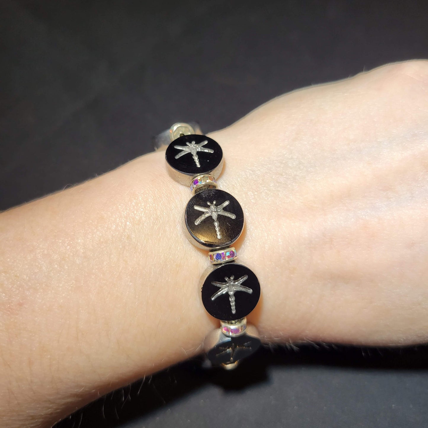 Silver and Black Dragonfly Beaded Bracelet