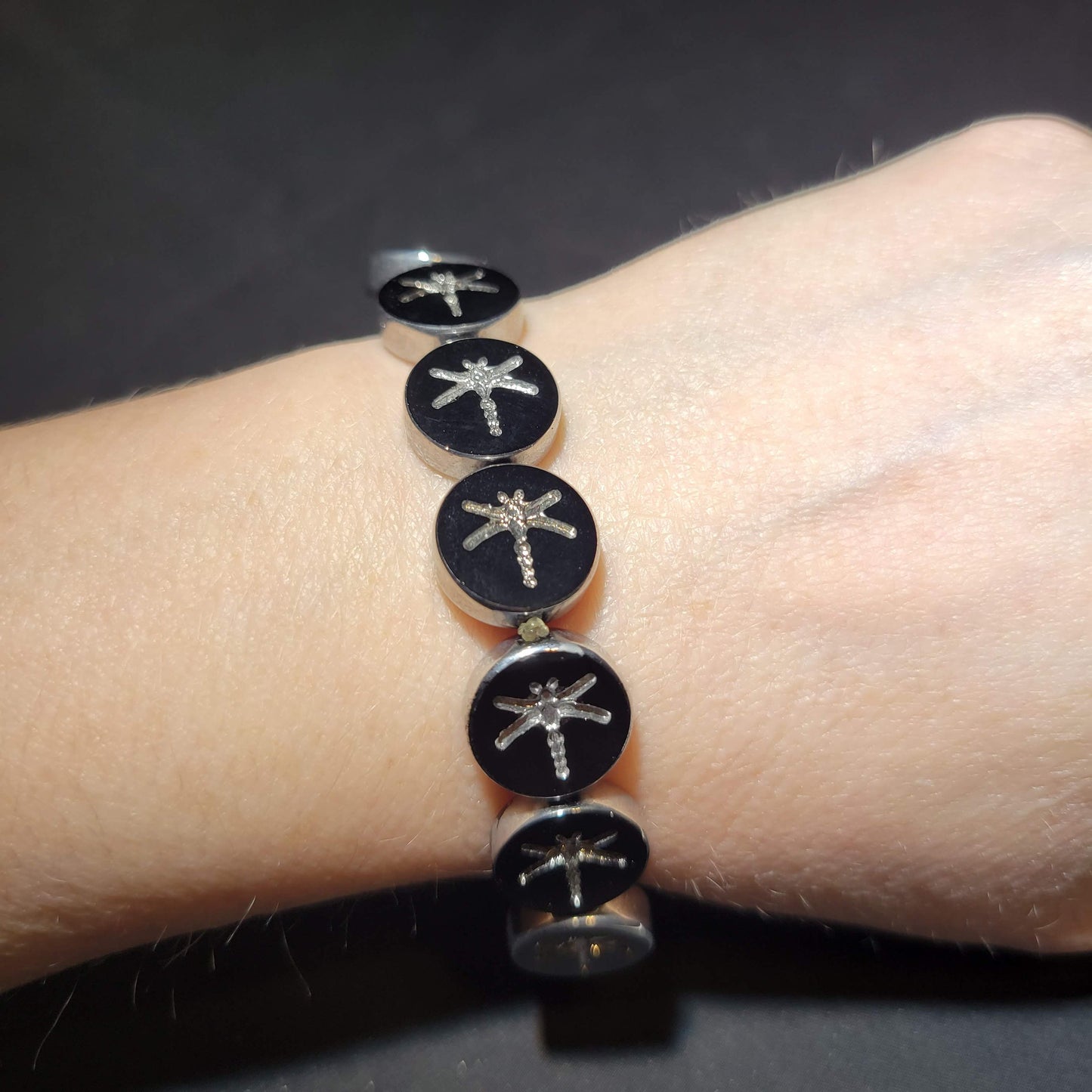 Silver and Black Dragonfly Beaded Bracelet