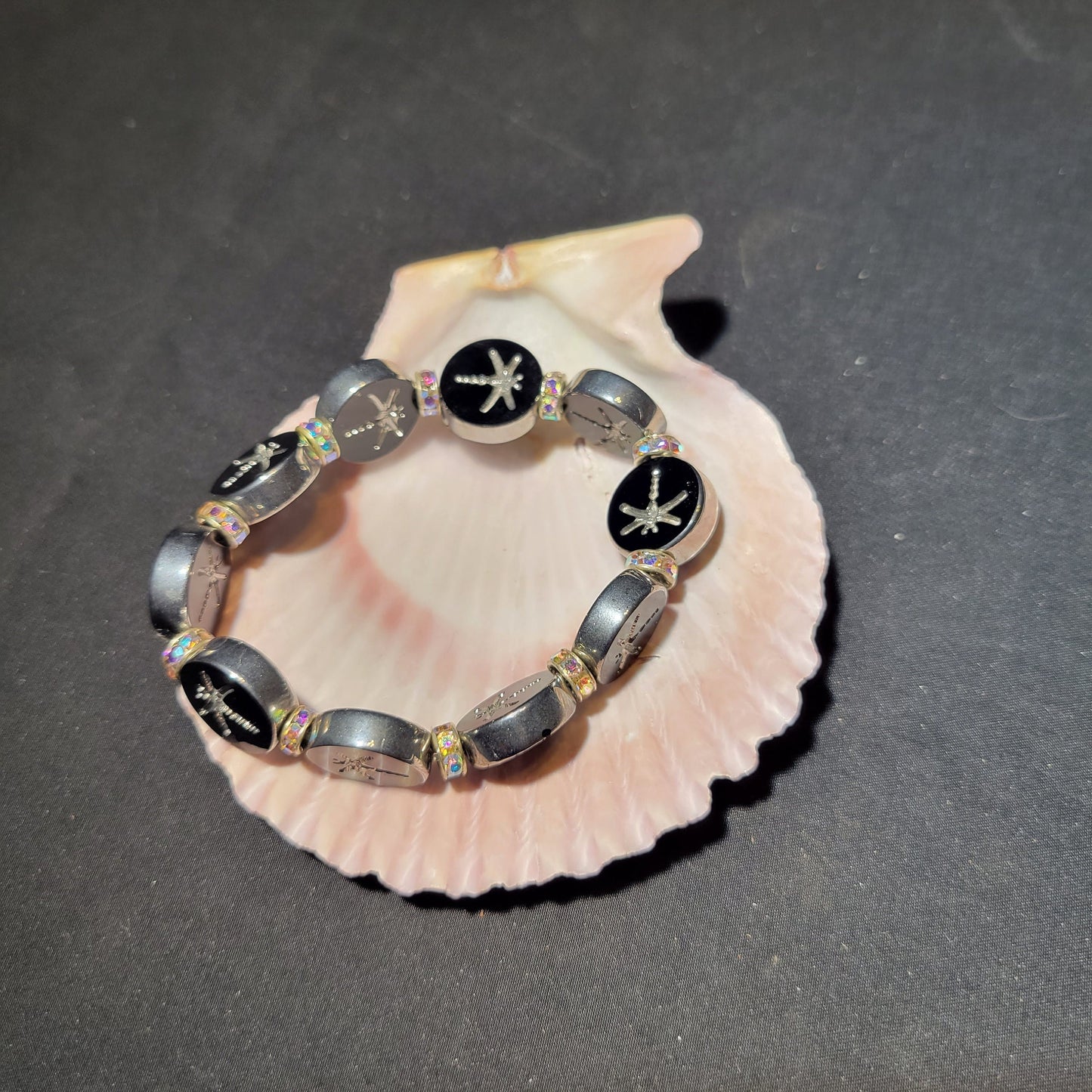 Silver and Black Dragonfly Beaded Bracelet