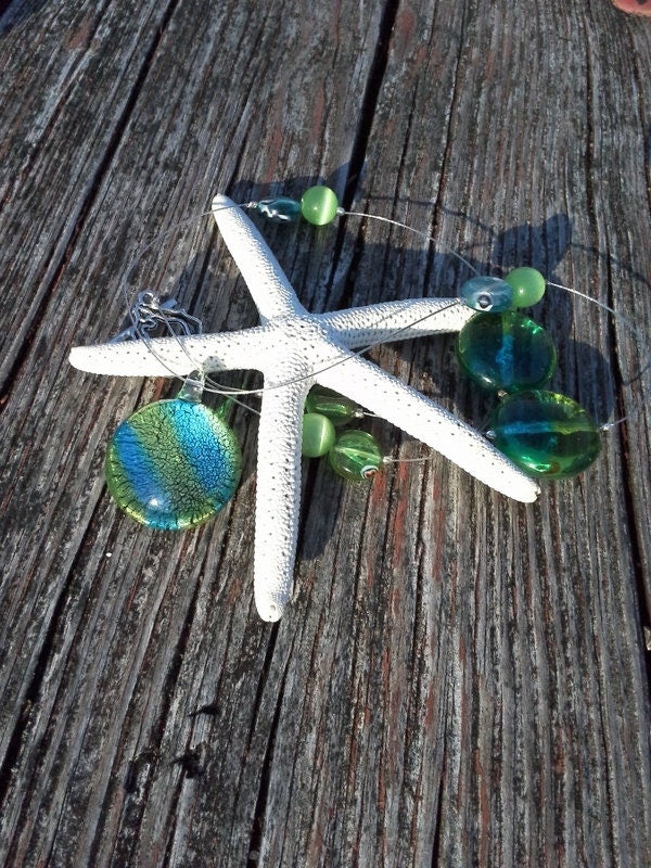 Teal and lime glass beaded necklace