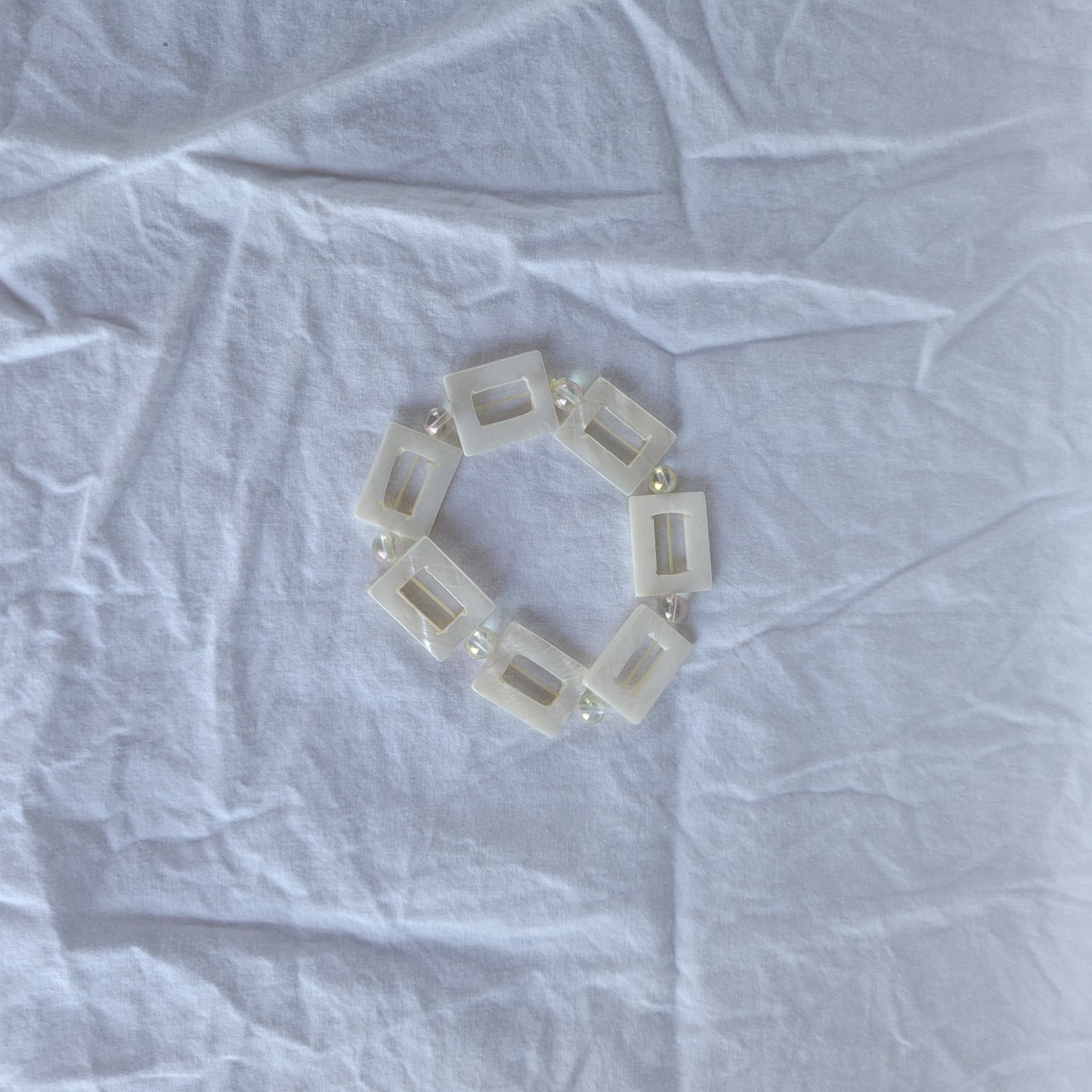 White Square Shell and Clear Beaded Bracelet