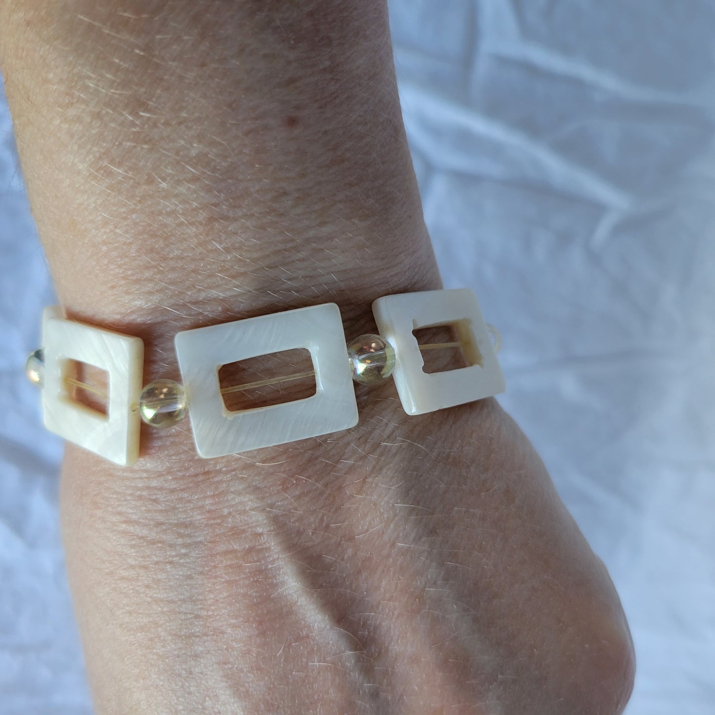 White Square Shell and Clear Beaded Bracelet