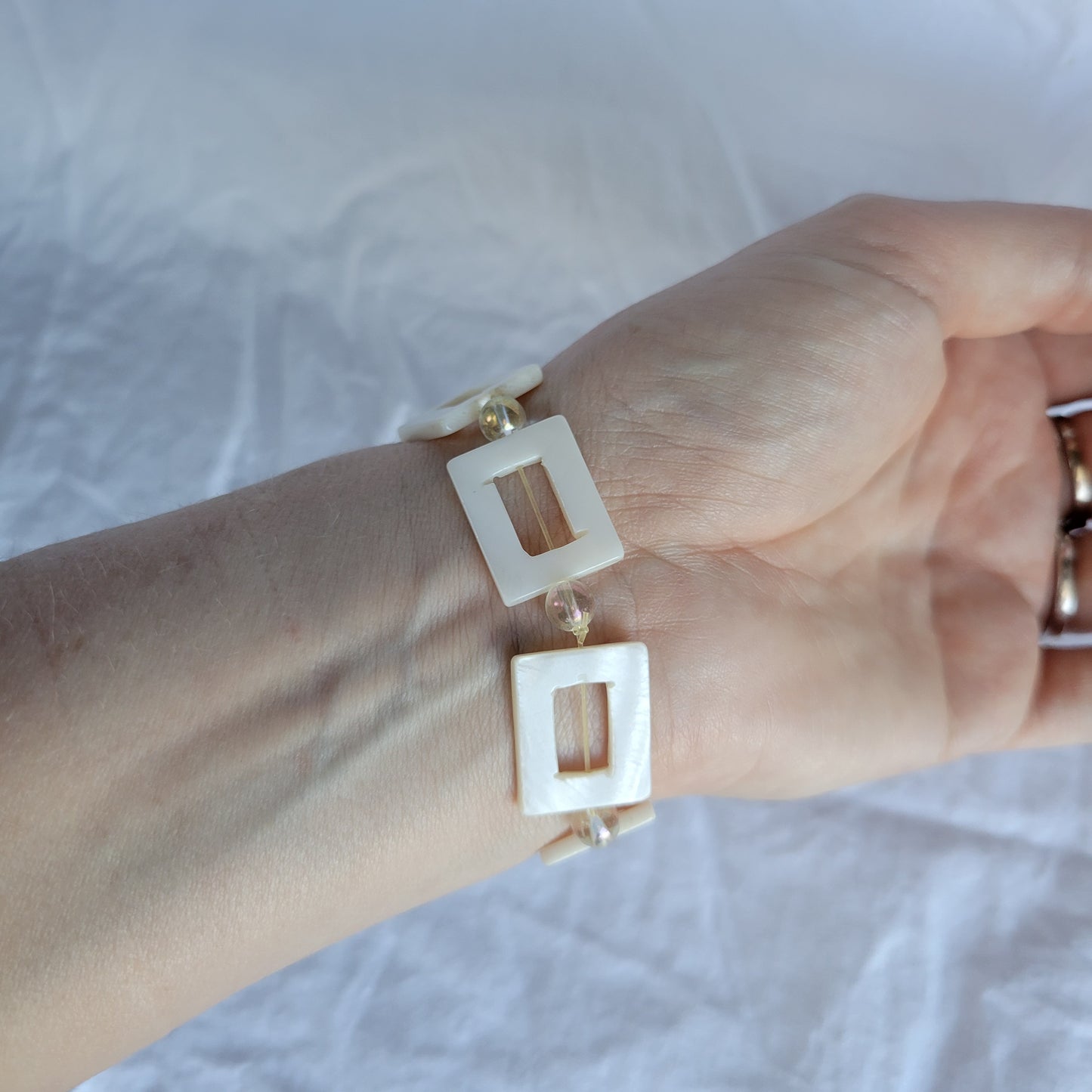 White Square Shell and Clear Beaded Bracelet