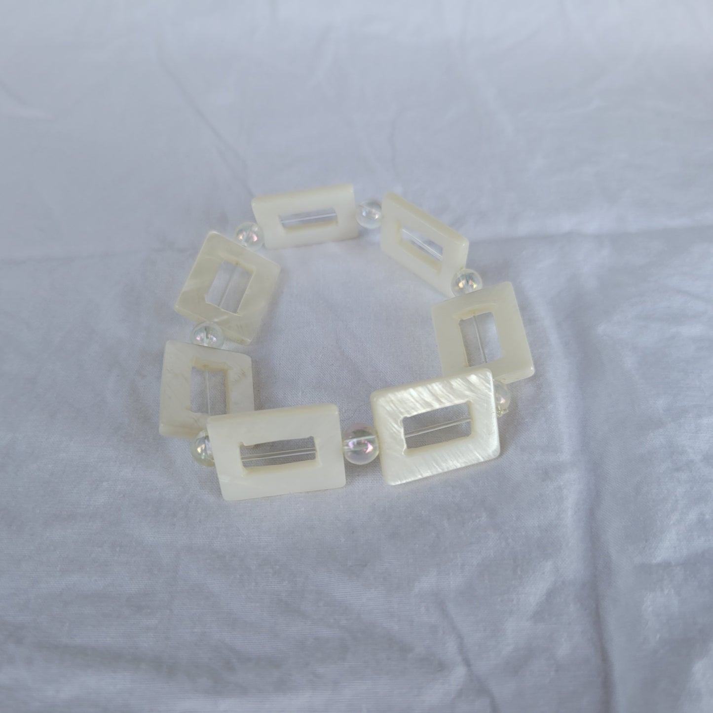 White Square Shell and Clear Beaded Bracelet