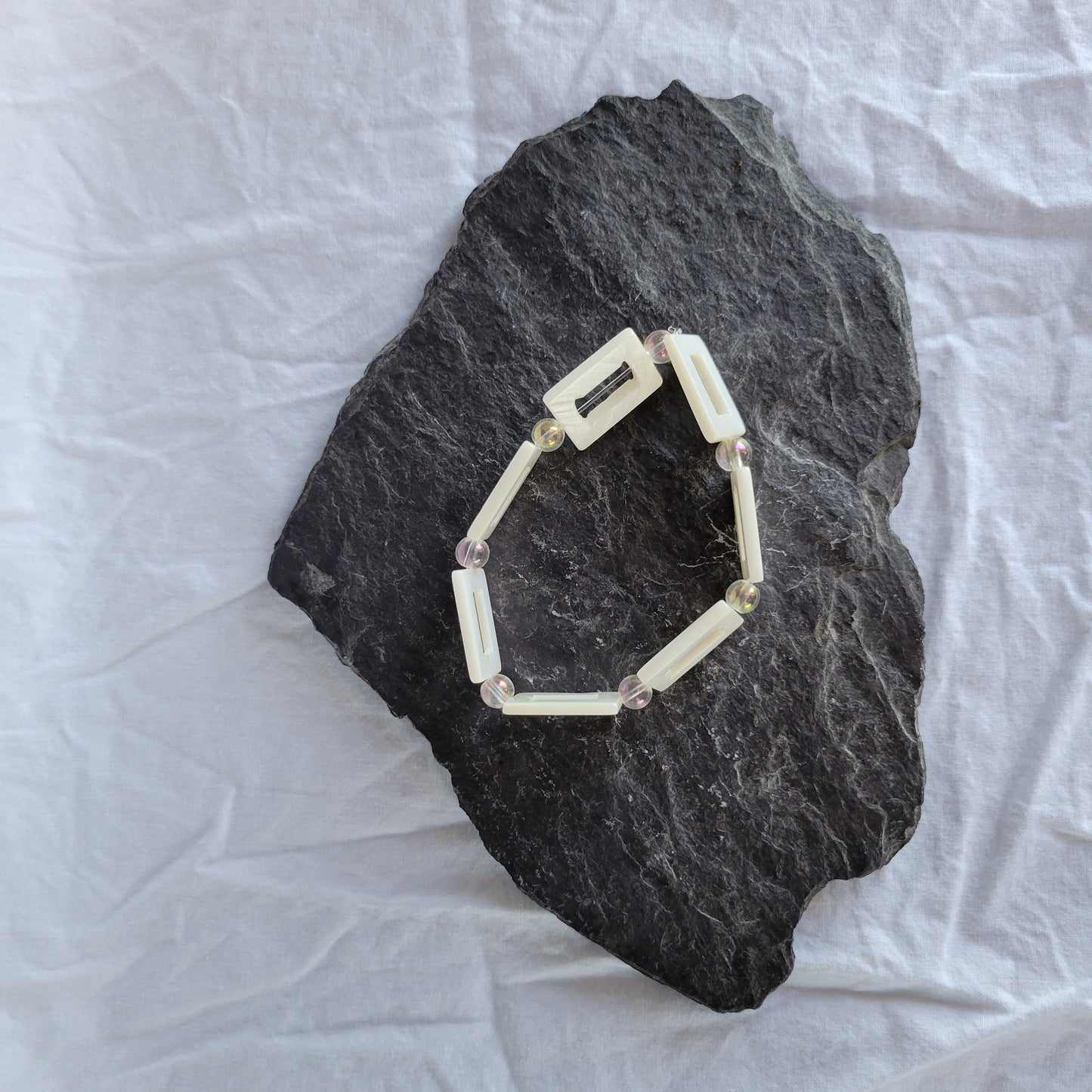 White Square Shell and Clear Beaded Bracelet