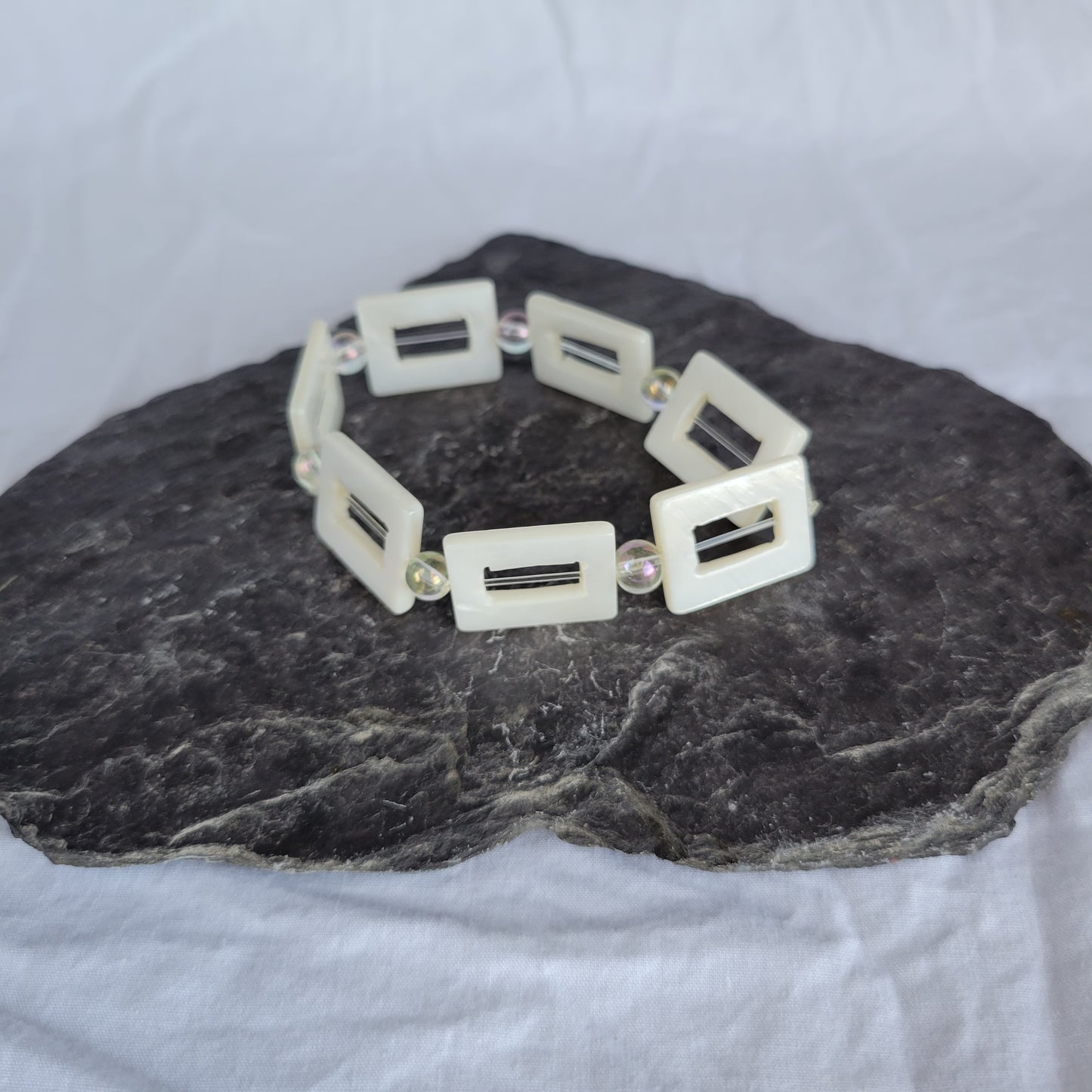 White Square Shell and Clear Beaded Bracelet