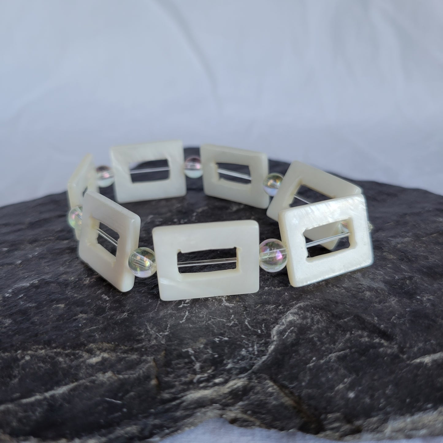 White Square Shell and Clear Beaded Bracelet