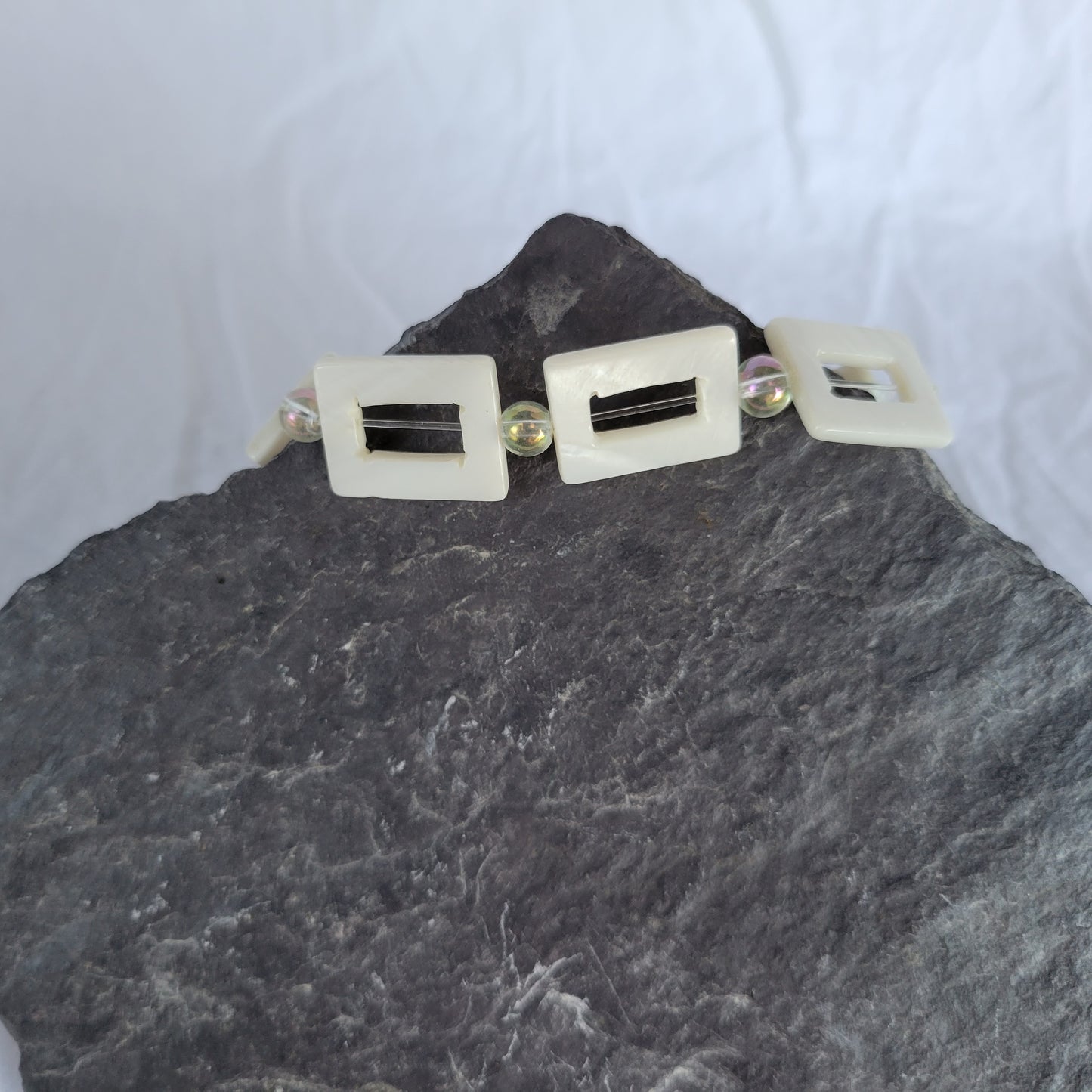 White Square Shell and Clear Beaded Bracelet