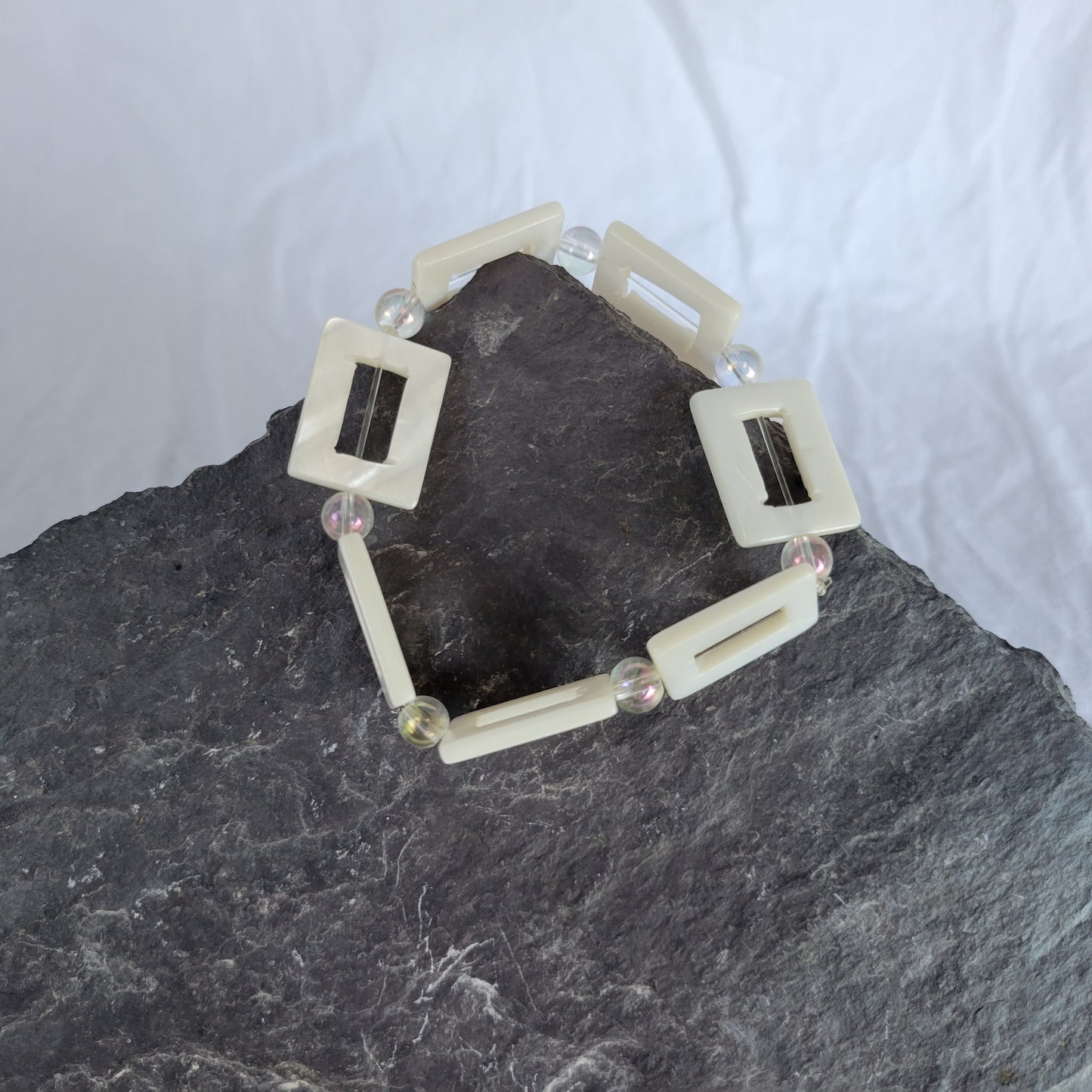 White Square Shell and Clear Beaded Bracelet