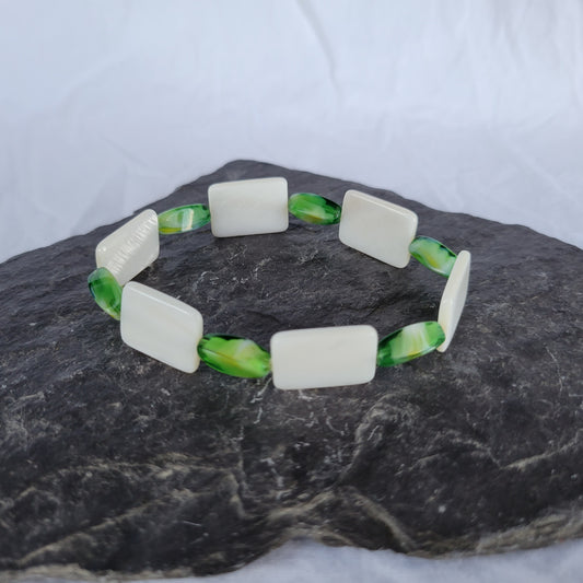 White Shell and Green Beaded Bracelet