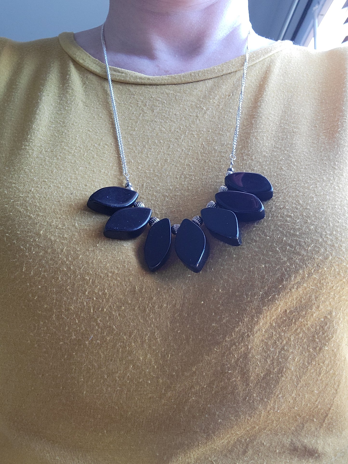 Black Ovals and Silver Beads Chain Necklace