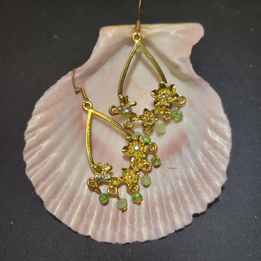 Gold Teardrop with Flowers Earrings